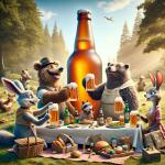 DALL·E 2023-12-23 09.46.18 - A humorous take on beer photography featuring a whimsical setting where a group of cartoonish animals are having a picnic. In the center, there is a l.png